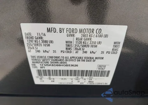 2017 Ford Explorer Xlt из США, поврежденный, VIN 1FM5K8D88HGB53626